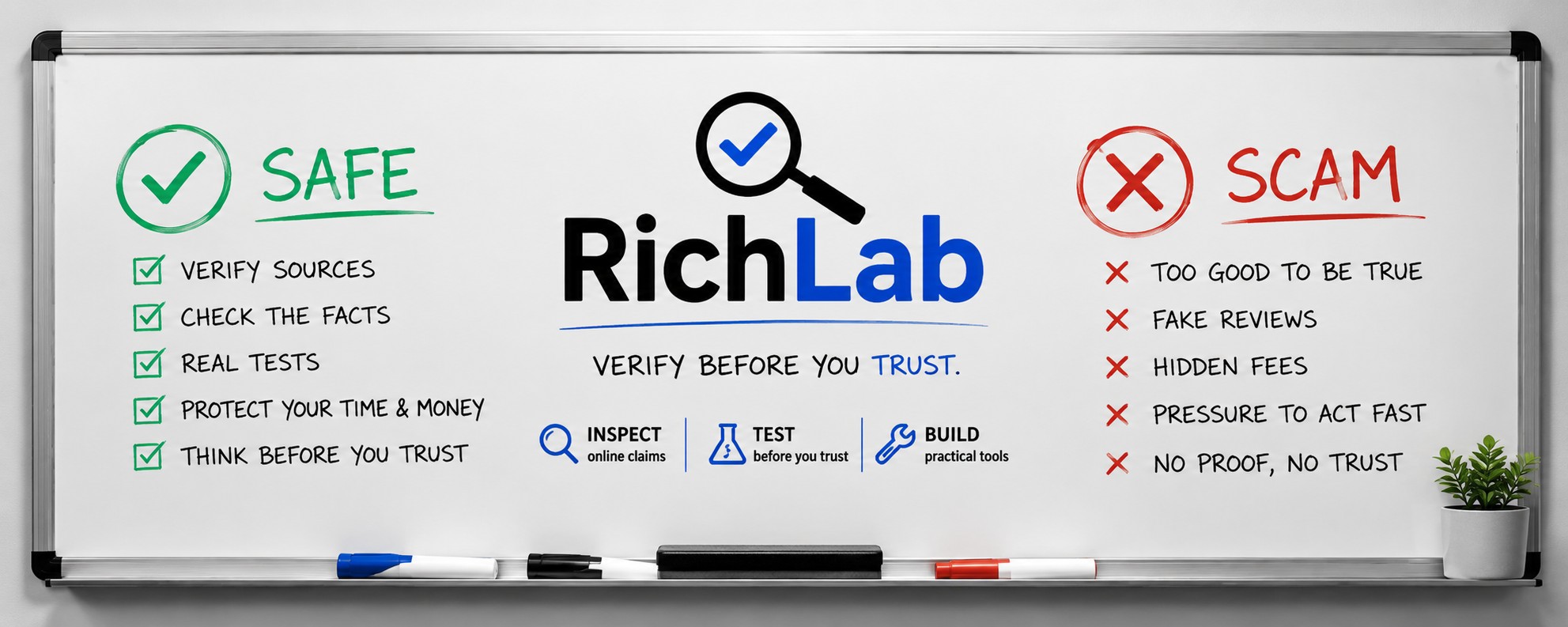 RichLab verify before you trust banner showing safe and scam warning signs